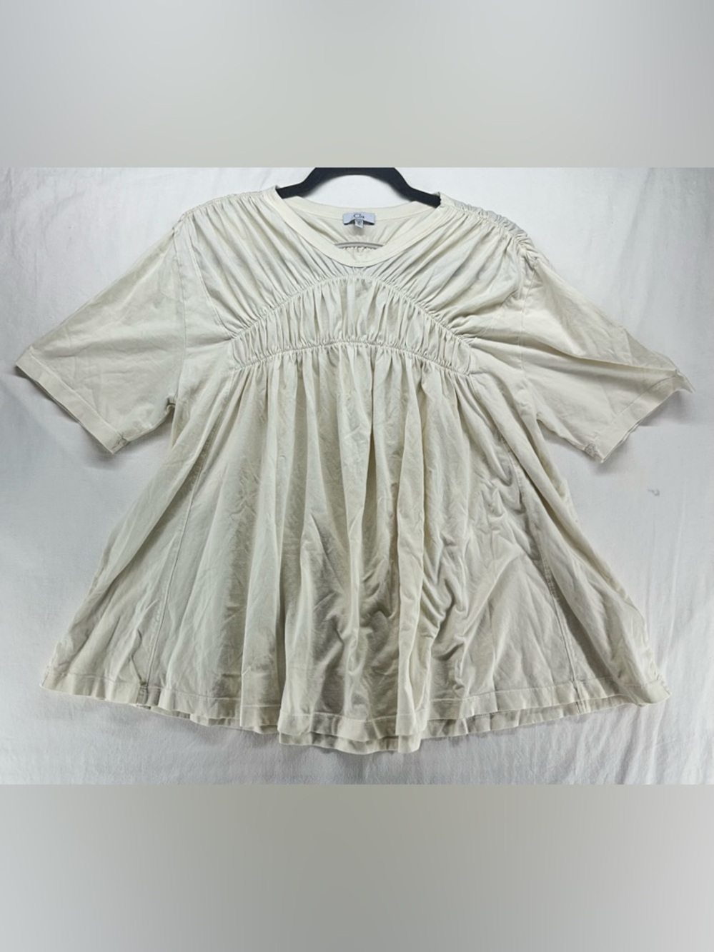 Clu Blouse Top Short Sleeve‎ Ruched Flowy Cream Crewneck Womens Size L